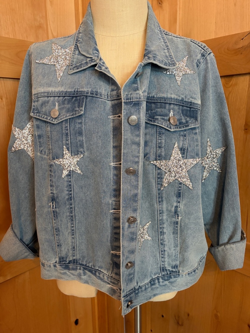 Light Blue Denim Jacket with Silver Star Embellishments XL